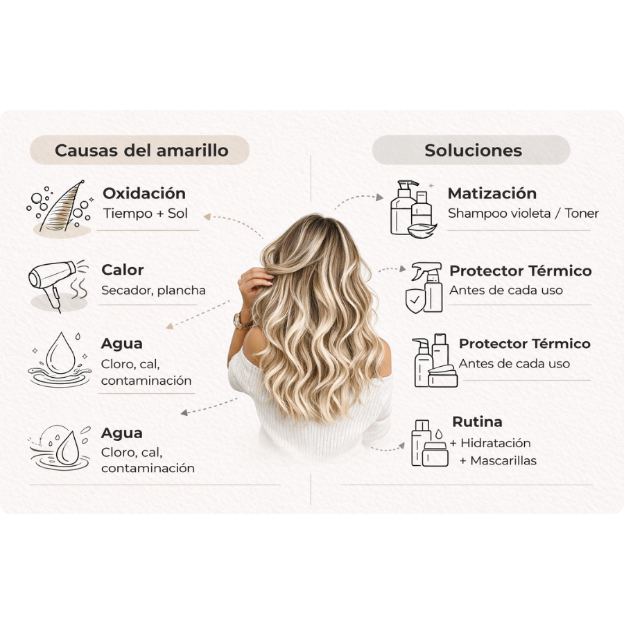 Infografía para evitar el tono amarillo en babylights rubias